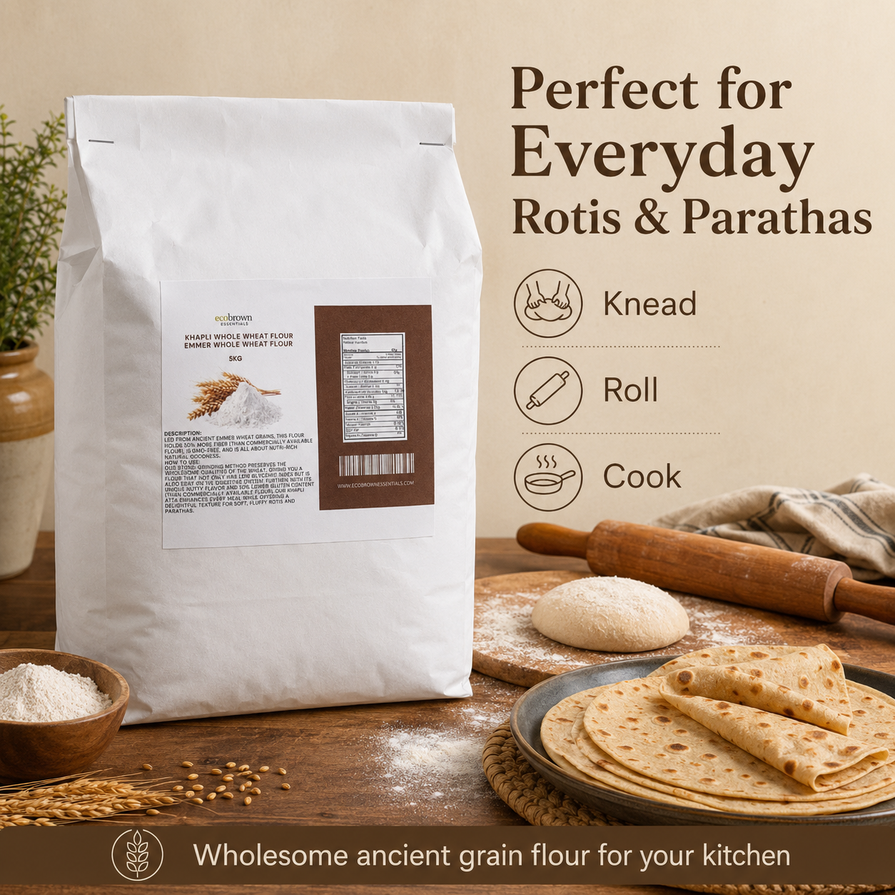 Organic Emmer Wheat Flour | Khapli Wheat Atta | Ancient Grain | Low gluten wheat | |Non GMO |Vegan