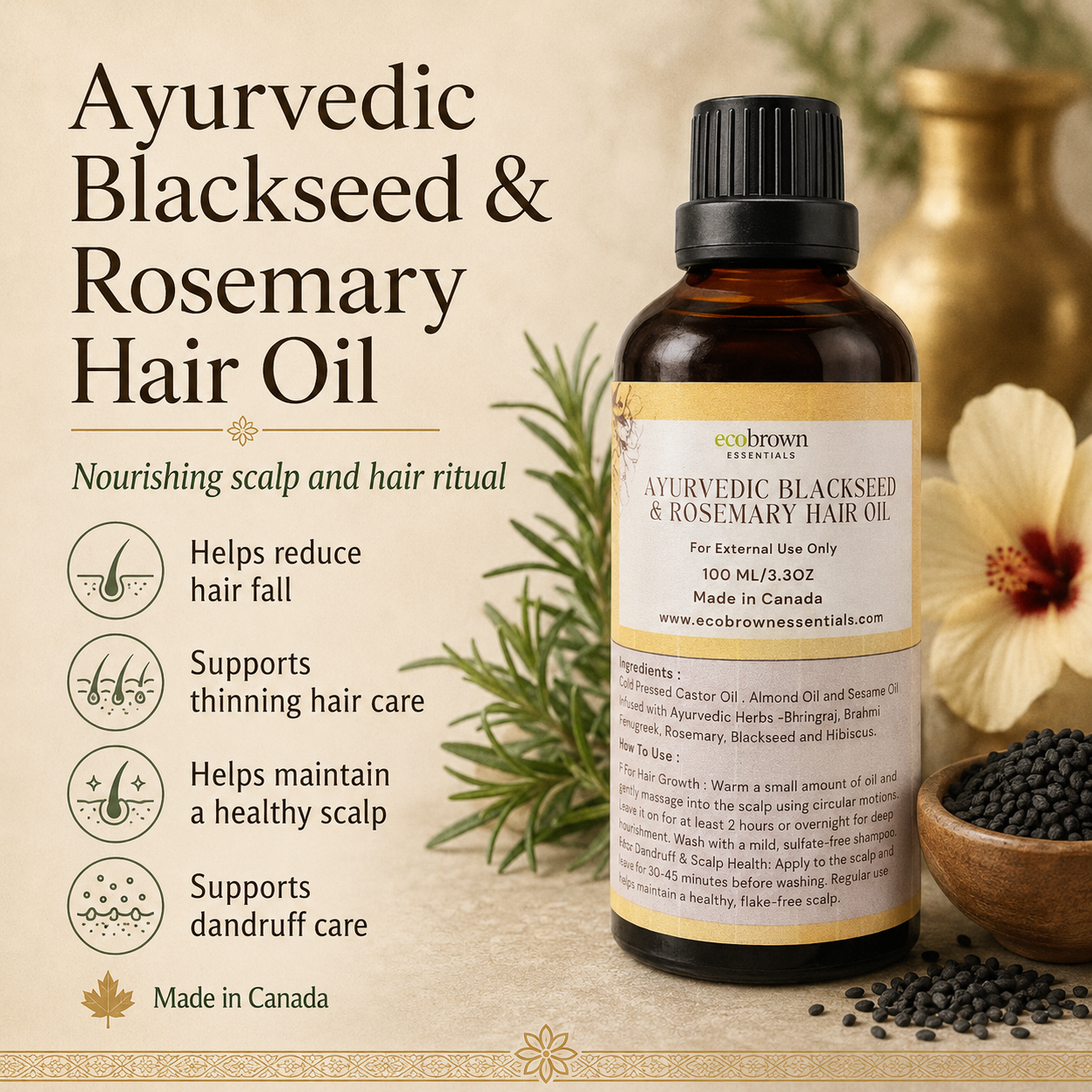 Ayurvedic Rosemary and Blackseed Hair Oil | Ayurvedic Hair Vitality Oil | Herbal Growth & Scalp Rejuvenation Elixir