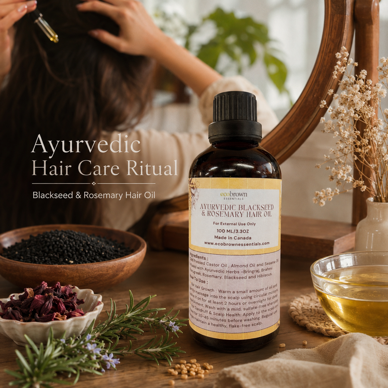 Ayurvedic Rosemary and Blackseed Hair Oil | Ayurvedic Hair Vitality Oil | Herbal Growth & Scalp Rejuvenation Elixir