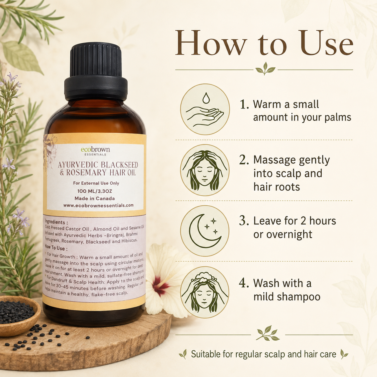 Ayurvedic Rosemary and Blackseed Hair Oil | Ayurvedic Hair Vitality Oil | Herbal Growth & Scalp Rejuvenation Elixir
