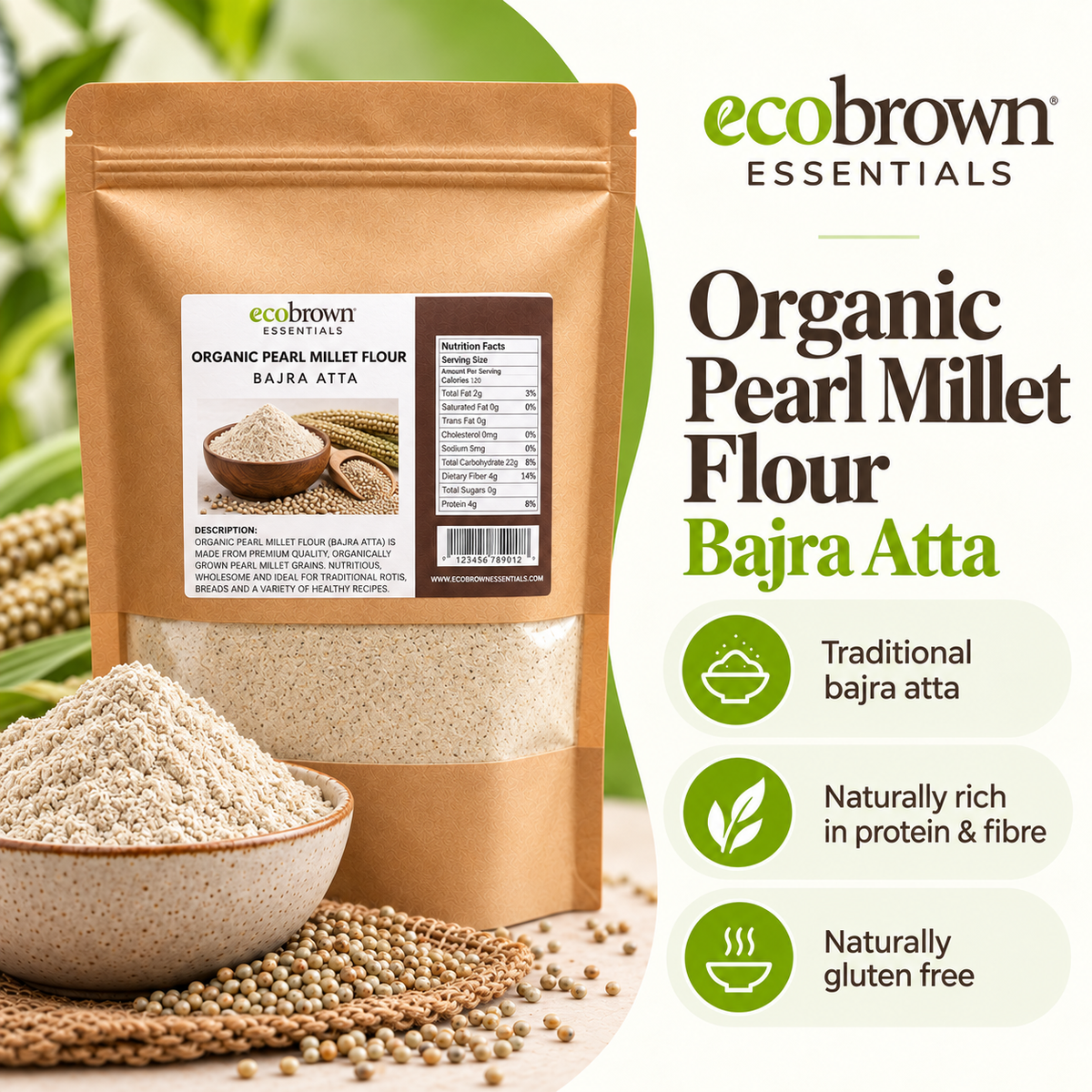 Organic Pearl Millet Flour | Pearl Millet Flour | Low GI Flour | Organic Bajra Flour | Gluten-free Bajra flour | High-fiber millet flour