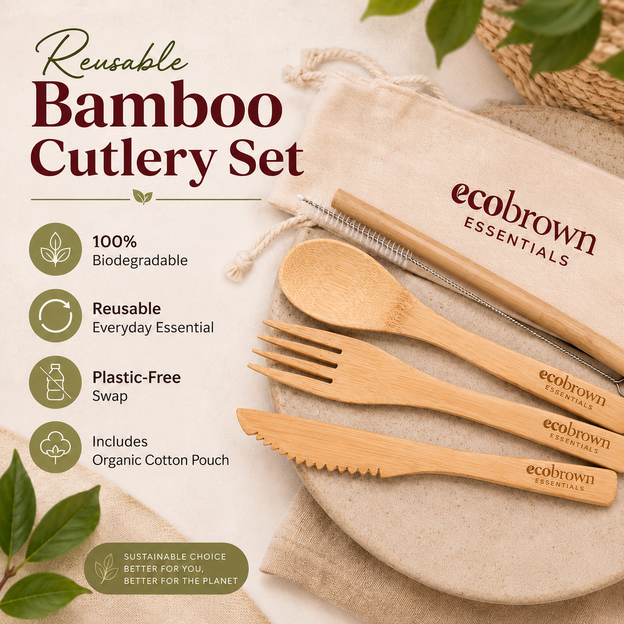 Reusable Bamboo Cutlery Set with Organic Cotton Pouch | Zero Waste Travel Essentials| Reusable Bamboo Cutlery Set | Reusable Cutlery Set | Eco friendly Cutlery