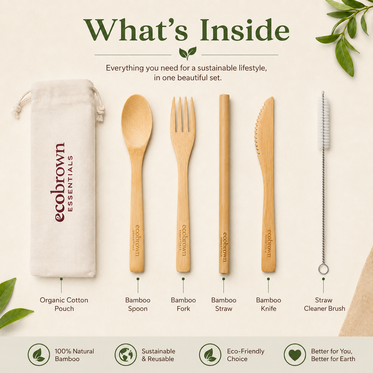 Reusable Bamboo Cutlery Set with Organic Cotton Pouch | Zero Waste Travel Essentials| Reusable Bamboo Cutlery Set | Reusable Cutlery Set | Eco friendly Cutlery