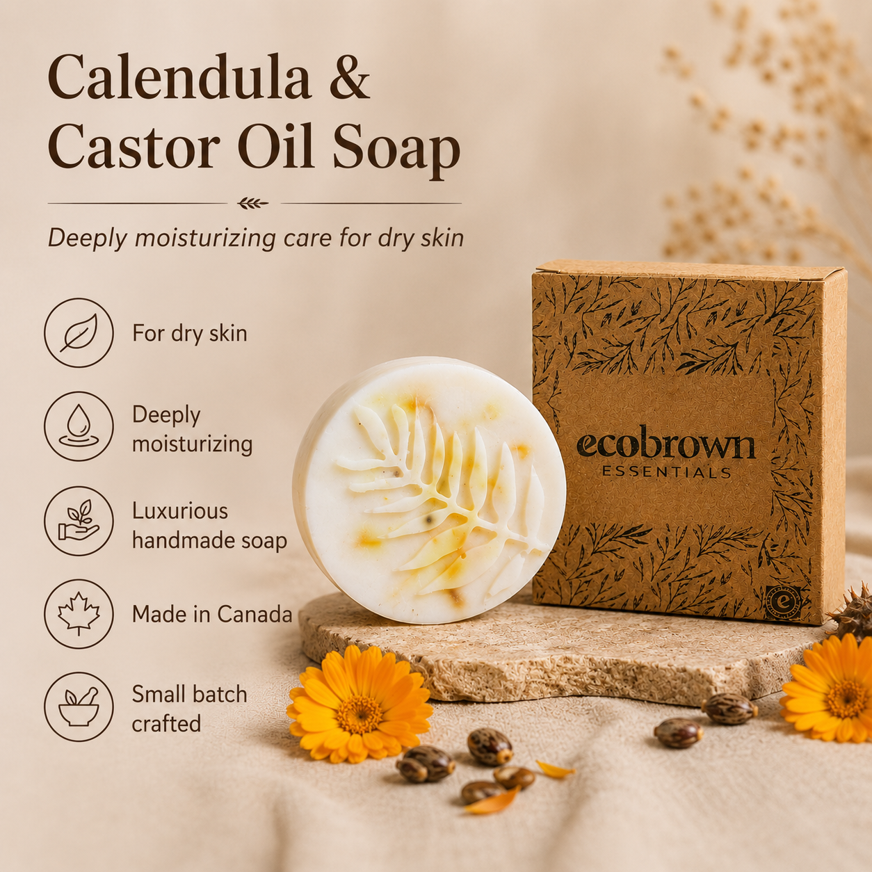 Calendula & Castor Oil Handmade Soap Bar |Castor Oil Soap Bar | Calendula & Castor Oil Soap for Dry Skin | Made in Ontario