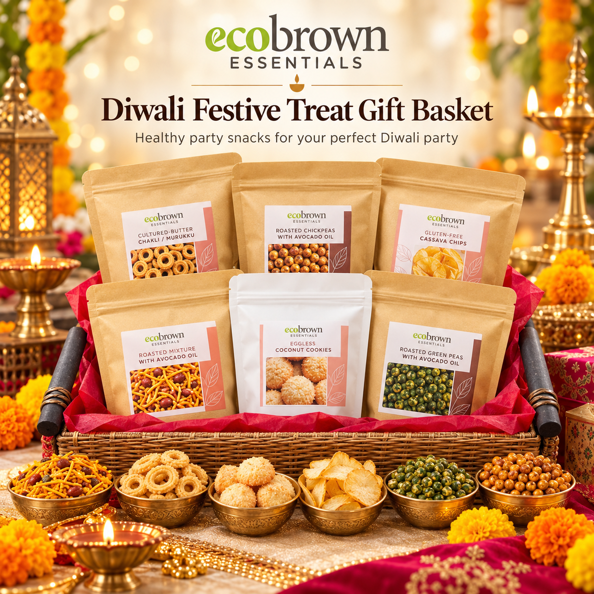 Diwali Festive Treat Gift Basket | Better-for-You Party Snacks Bundle | Healthy Party Snacks | Diwali Gifts |Free Shipping