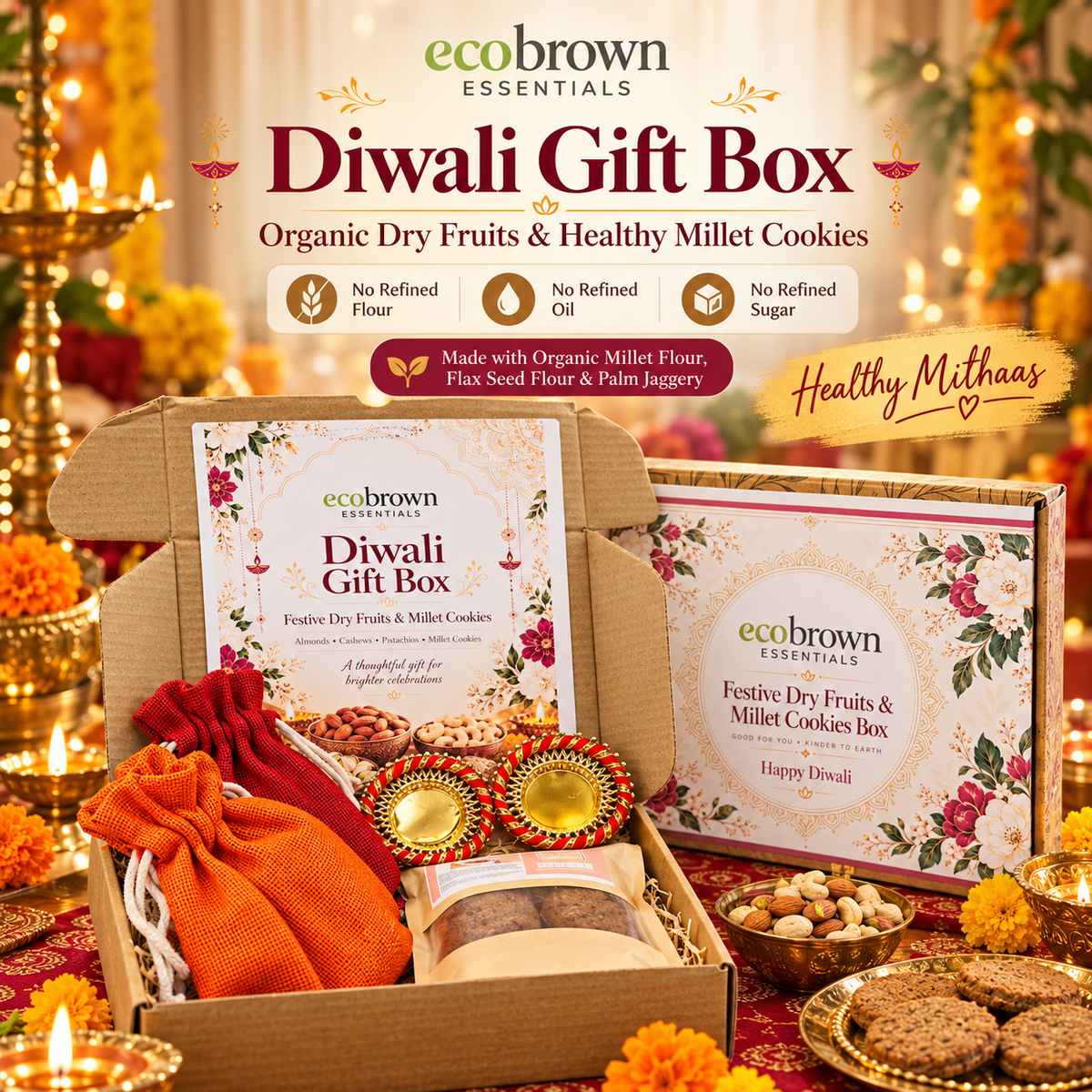 Diwali Healthy Mithas Gift Box | Organic Dry Fruits & Millet Cookies Gift Hamper | Diwali Gifts |Free Shipping