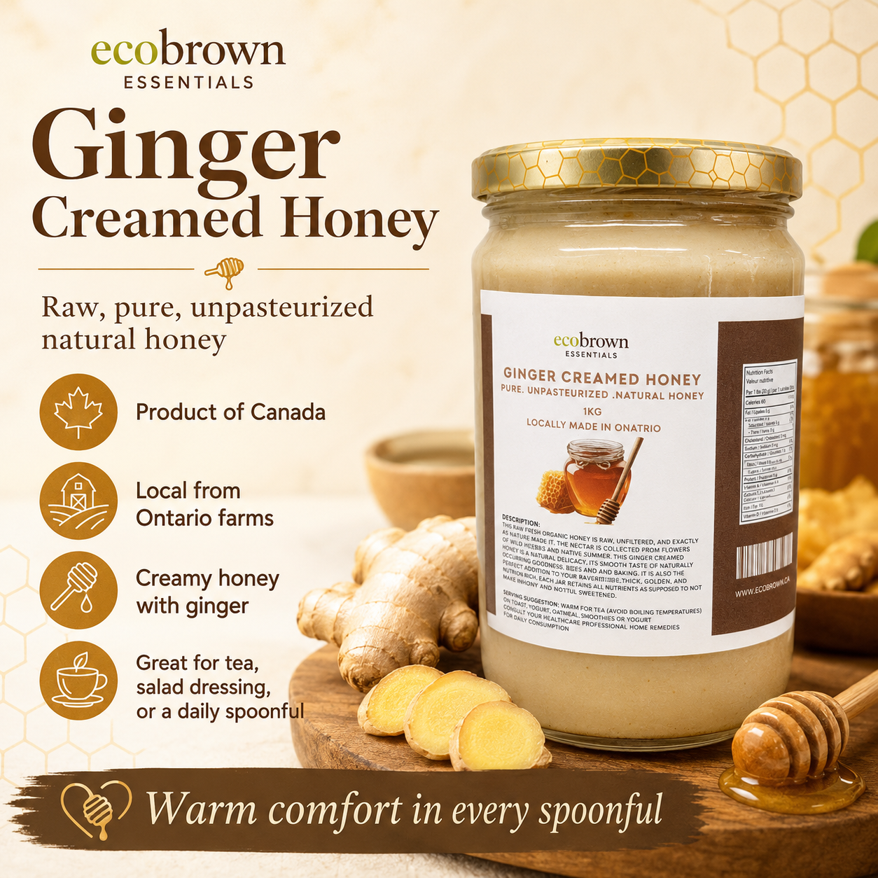 Farm Fresh Raw Ginger Creamed Honey | Raw Unpasturized Ginger Creamed Honey | Pure Organic Honey | White Honey