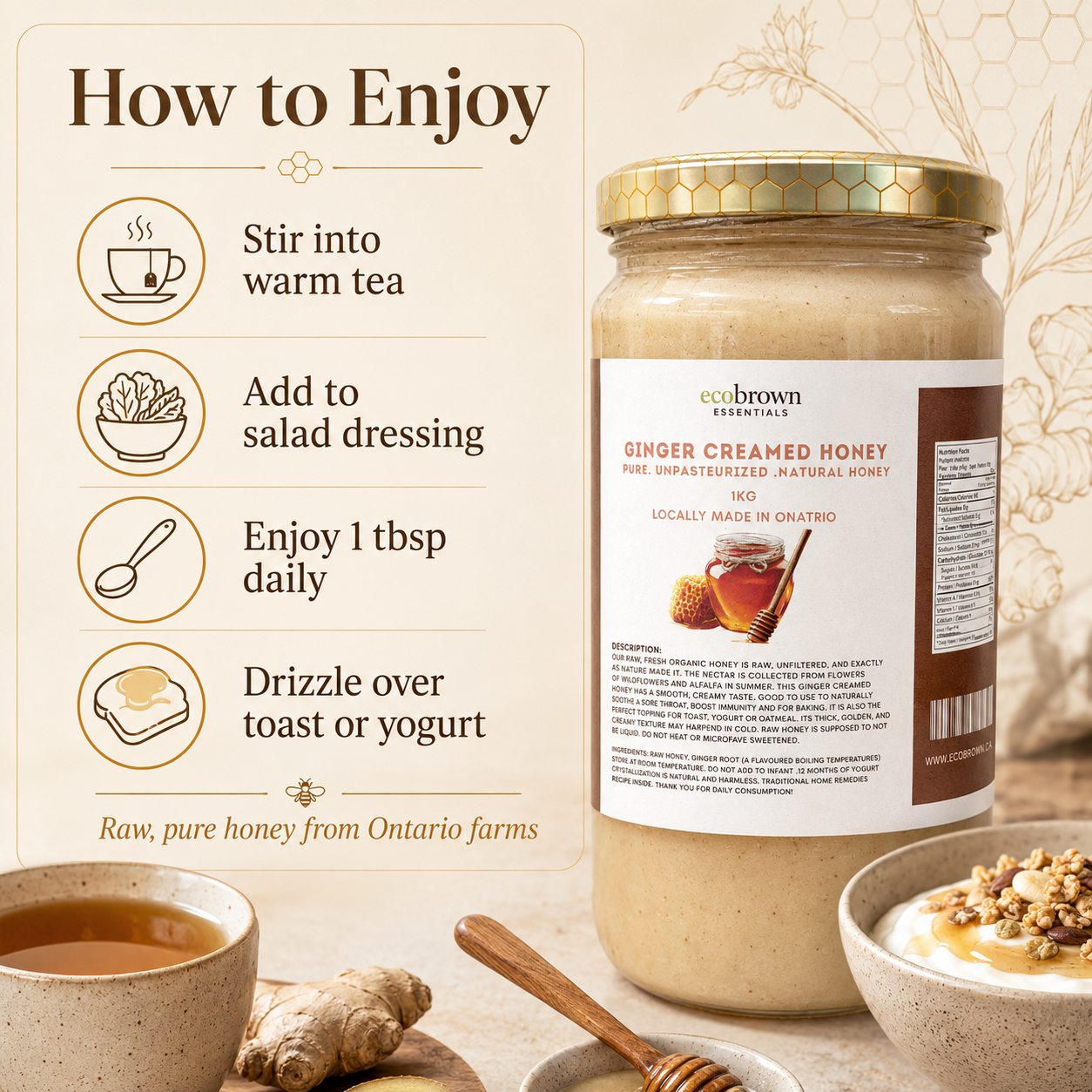 Farm Fresh Raw Ginger Creamed Honey | Raw Unpasturized Ginger Creamed Honey | Pure Organic Honey | White Honey