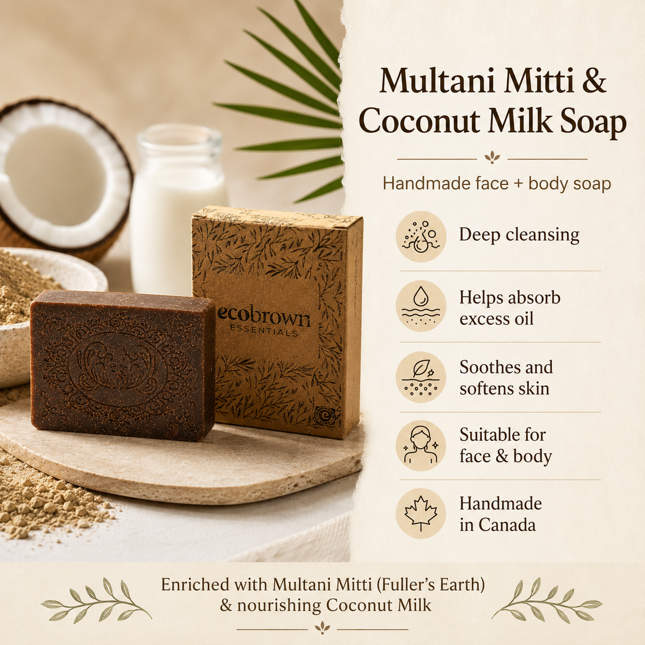 Ayurvedic Facewash soap | Multani Mitti Handmade Soap | Fuller's Earth Clay Soap | Coconut Milk soap