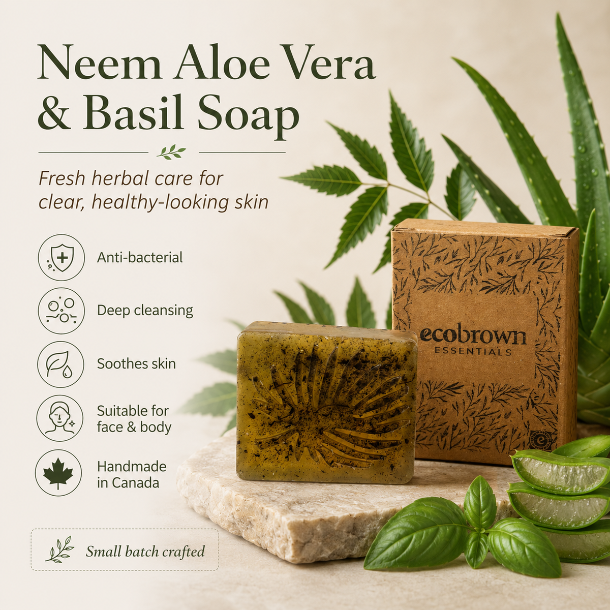 Neem Aloevera Basil Handmade Soap Bar | Ayurvedic Soap | Chemical free Soap | Made in Ontario
