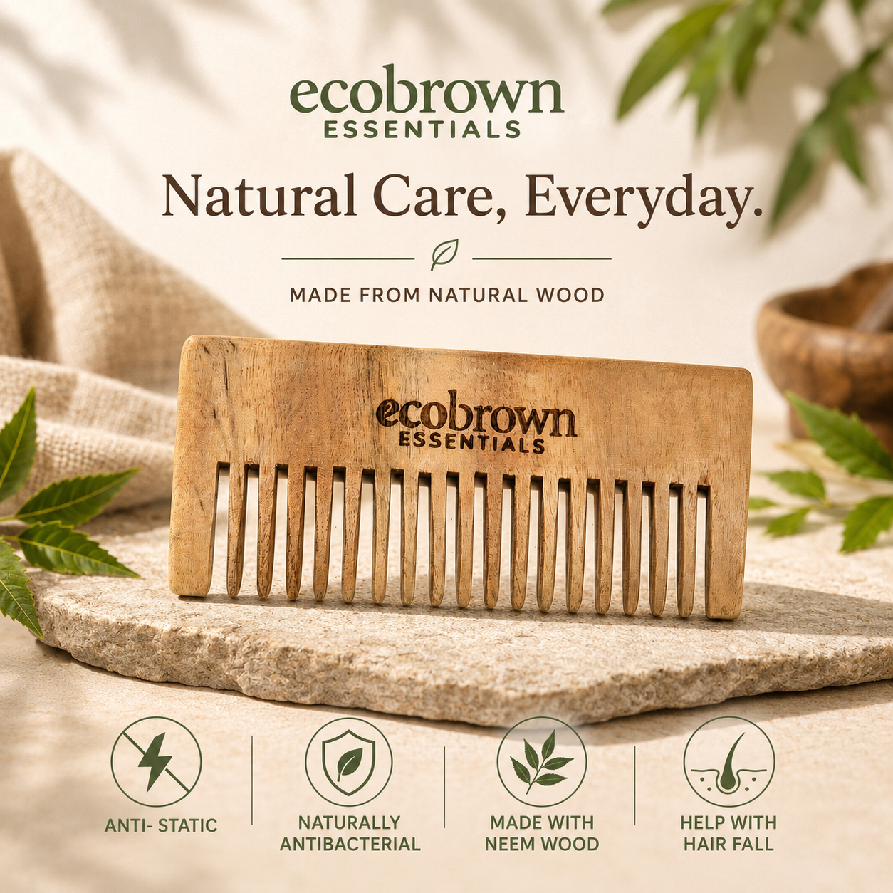 Neem Wood Comb | Pure Neem Wood Wide Tooth Comb | Hair Comb