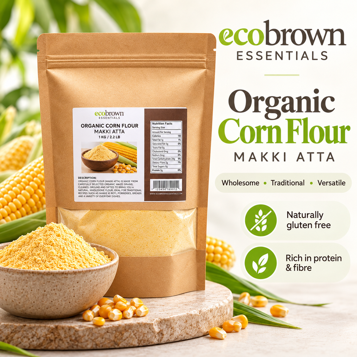 Organic Corn Flour (Maize Flour) | Makki Atta |Makai Ka Atta | Rich in Fiber & Energy | Naturally Stone-Ground | Perfect for Makki Roti